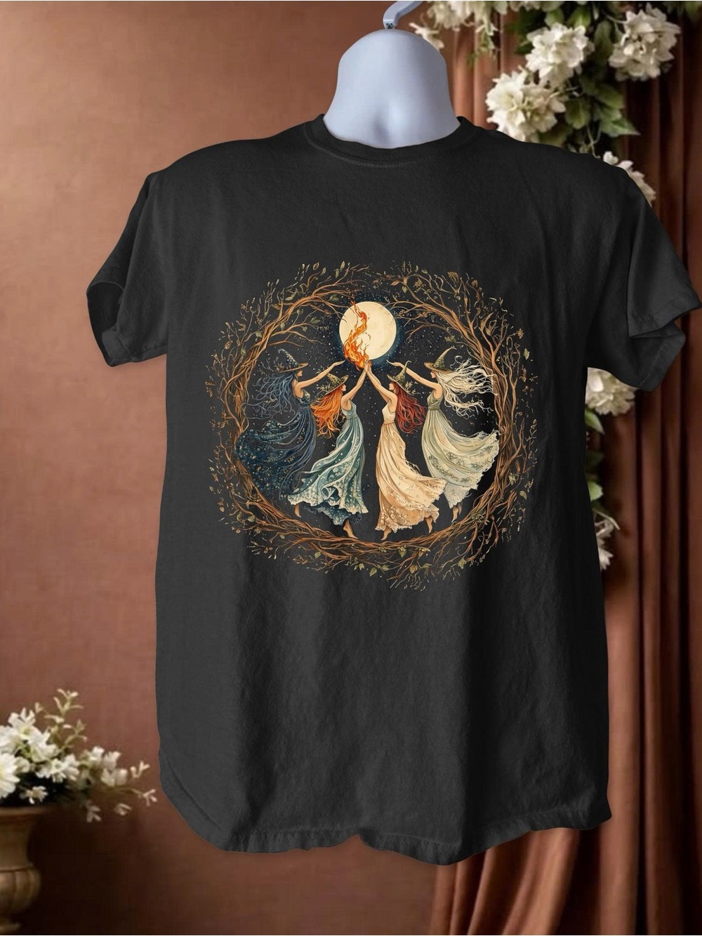 Gildan Black Short-Sleeve Tee with Moonlit Dancing Women Graphic